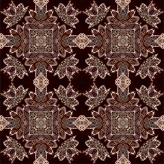 Wall Mural - Beautiful seamless abstract beige pattern on a deep brown background. Print for fabric, home textile. Ethnic motives.