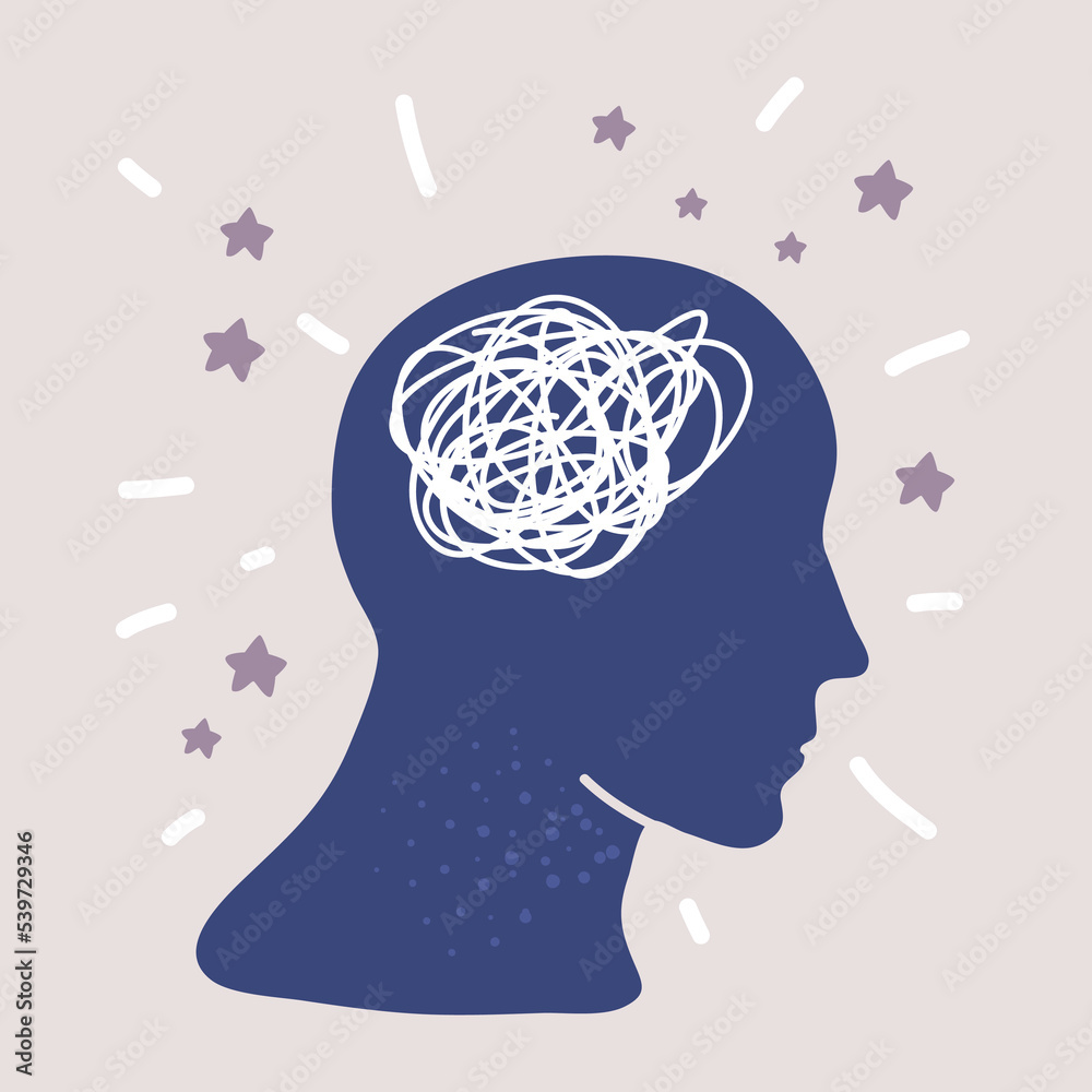 Vector illustration of Silhouette of human head with tangled line ...