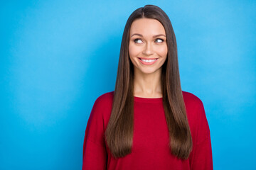 Wall Mural - Photo of young optimistic brunette lady look promo wear red sweater isolated on blue color background