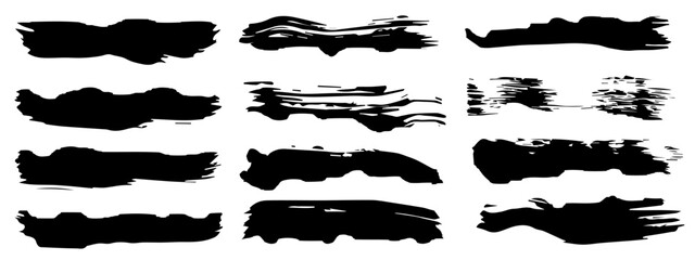 Wall Mural - Vector collection of artistic grungy black paint hand made creative brush stroke set isolated on banner background. A group of abstract grunge sketches for design education or graphic art decoration