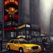 Illustration of a taxi cab in the middle of concrete jungle, foggy hazy environment.