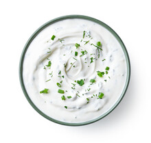 Green Bowl Of Sour Cream Dip Sauce With Herbs