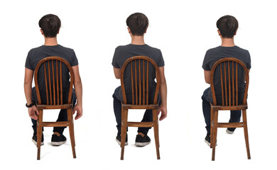 Poster - back view of vairous poses of same teen sitting on chair on white background