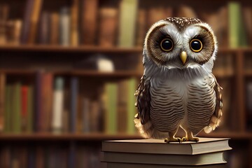 Stunning photorealistic illustration of beautiful Owl in the library. Ai generated illustration, is not based on any real image, person or character