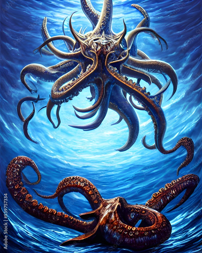 Illustrations of the underwater monster Cthulhu. Scary monster octopus ...