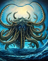 Wall Mural - Illustrations of the underwater monster Cthulhu. Scary monster octopus, mutant, terrible cthulhu