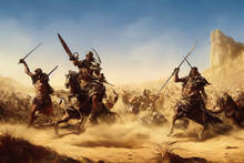 Historic Recreation Of The Trojan War. Large Armies Fighting In A Deadly Military Scuffle On The Battlefield. Intense Battle Fight In The Desert With Soldiers Of Troy Fighting In A Dramatic War Scene.