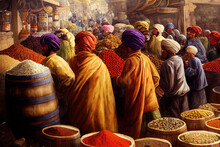 Concept Art Of Ancient, Medieval Bazaar Selling Spices. Middle Ages Merchants In Antique, Historic Arab Spice Market. Silk Road Trading Hub With Traders With Turbans, Persian Spice Trade Illustration.