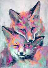Oil Fox Portrait Painting In Multicolored Tones. Conceptual Abstract Painting Of A Fennec Muzzle. Closeup Of A Painting By Oil And Palette Knife On Canvas. 