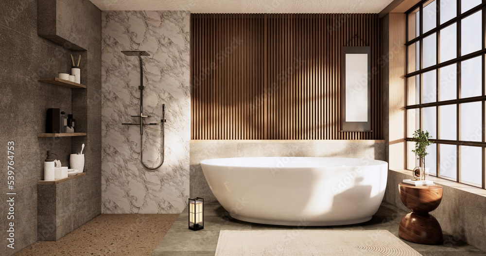 The Bath and toilet on bathroom japanese wabi sabi style .3D rendering ...