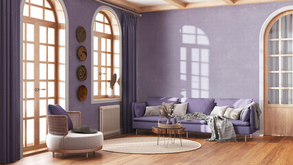 Wall Mural - Scandinavian vintage living room in white and purple tones. Fabric sofa and parquet, decors and wall mockup. Farmhouse interior design