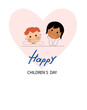 © Olga - Social media horizontal banner template for World children's day. Funny planet character with happy baby boy , asian baby girl. Vector flat cartoon doodle banner.
