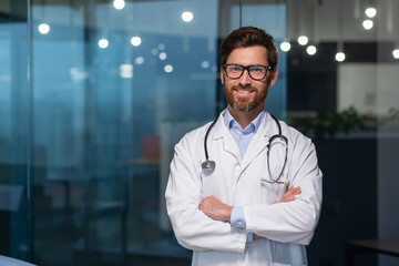 Portrait of mature doctor with beard, man in white medical coat smiling and looking at camera with crossed arms working inside modern clinic.