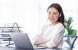 © David - Happiness Entrepreneur beautiful business asian young woman working with laptop at workplace, Small Business Startup, online banking tax, accounting, financial concept.