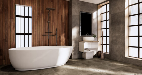 The Bath and toilet on bathroom japanese wabi sabi style .3D rendering