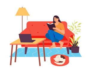 Sticker - Women read books. Young female character sitting on sofa in cozy home atmosphere. Woman spending leisure time