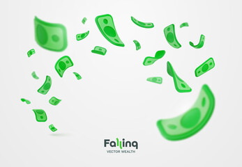 Falling dollars currency 3d cartoon vector illustration. Isolated cartoon US paper bills on white background. Winning jackpot web banner money hurricane