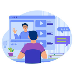Poster - Video tutorials concept. Man watches video or blogger stream and learns new skills. Student watching online webinars. Template of people scenes. Illustration with characters in flat design