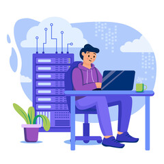 Aufkleber - Cloud data center concept. Engineer works in server room, tech support, maintains hardware. Cloud computing technology. Template of people scenes. Illustration with characters in flat design