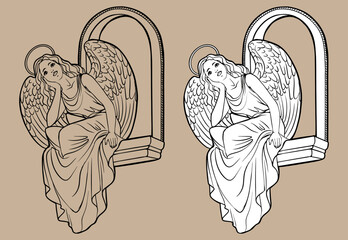 Sketch of an angel on a window. Christmas Christian Christmas drawing with black lines isolated on white background and transparent background.  For coloring books and your design.