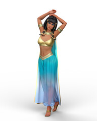 3D rendering of a beautiful Egyptian woman posing in gold and blue outfit isolated on a transparent background.