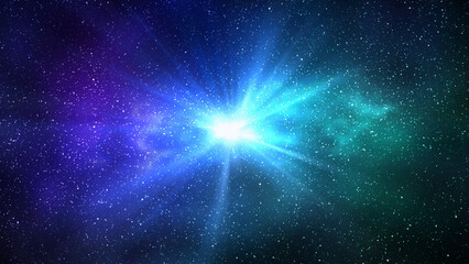 Wall Mural - burst of light in space. night starry sky and bright blue green galaxy, horizontal background