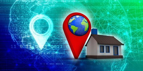 Fototapete - 3d illustration Search for Property. A Map with Large Red GPS Pointer containing home