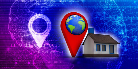 Fototapete - 3d illustration Search for Property. A Map with Large Red GPS Pointer containing home