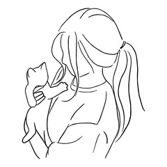 Line art minimal of woman holding cute cat in hand drawn concept for decoration, doodle style