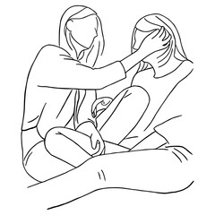 Wall Mural - Line art minimal of lesbian caring together in hand drawn love concept for decoration, doodle style, LGBTQ