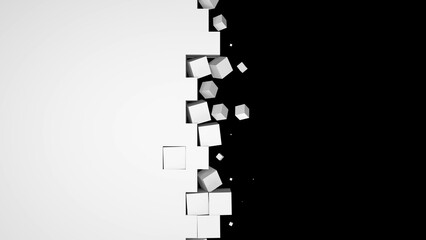 Poster - Black and white geometric 3D rendering background with alpha channel. White wall breaking into cubes on a black isolated background. High tech transition screensaver for presentation.