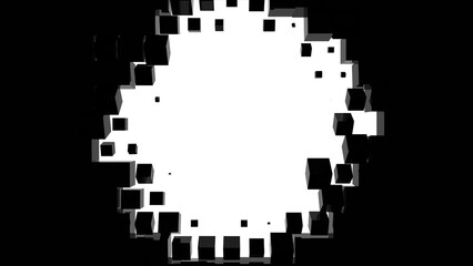 Poster - Geometric pattern of 3D rendering swiping black cubes isolated on white background. White round frame place. Computer graphics of flying blocks with round white frame place in middle. High tech