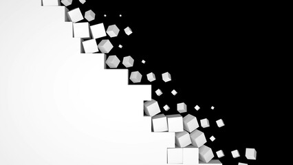 Poster - Black and white geometric 3D rendering background with alpha channel. White wall breaking into cubes on a black isolated background. High tech transition screensaver for presentation.
