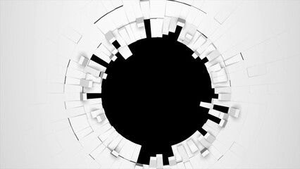 Poster - Geometric pattern of 3D rendering fragmentation white blocks isolated on black background. Black round frame place. Computer graphics of unfolding blocks surface with round black frame place in middle