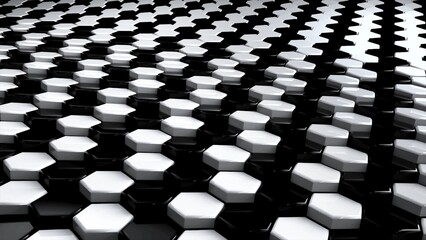 Poster - Black and white geometric surface of glossy shiny honeycombs. 3D rendering of reflective hexagons connected together in graphic pattern. Computer geometric background for screensaver, presentation.