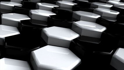 Poster - Black and white geometric surface of glossy shiny honeycombs. 3D rendering of reflective hexagons connected together in graphic pattern. Computer geometric background for screensaver, presentation.