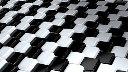 Poster - Black and white geometric surface of glossy shiny cubes. 3D rendering of reflective squares connected together in graphic pattern. Computer geometric background for screensaver, presentation.