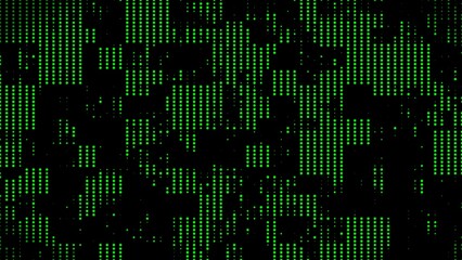 Poster - Colored 3D rendering background of green dots of different sizes on black background. Color geometric computer graphic background with abstract spots of pixel. Digital mosaic pattern with points.