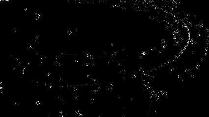 Poster - 3D rendering of transparent drops and splashes of water on a black background. Computer graphics of a real vortex flow of liquid swirling into a spiral. Circular swirl of transparent shiny water.