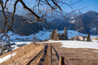 Woman on hiking path in winter starting from Zell Pfarre towards Freiberg, Austrian Alps, Carinthia (Kaernten), Austria, Europe. Snow capped mountain peaks of Karawanks, Julian Alps. Winter wonderland