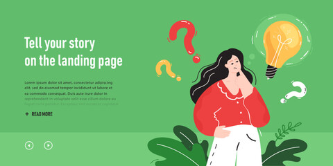 Wall Mural - Cartoon businesswoman thinking of solving problem. Female character with lightbulb and question marks flat vector illustration. Solution, idea concept for banner, website design or landing page