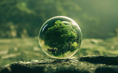 Environment conservation concept. Close up of glass globe in the forest with copy space background 3d render.