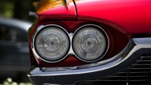 Closeup Of A Red Ford Thunderbird Car Silver Headlights With Blurred Background