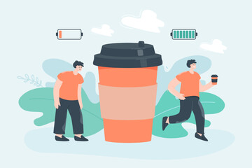 Fototapete - tiny business person sleepy before and energized after coffee. creative cartoon office worker and bi
