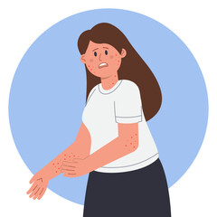 Wall Mural - Sad female cartoon character with symptoms of eczema. Woman scratching itching hands or suffering from skin disease flat vector illustration. Allergy, dermatology concept for banner or website design