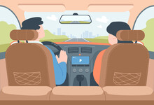 Car Interior With Back View Of Driver And Passenger. Couple Inside Car, View From Backseat Of Taxi, Man Driving Flat Vector Illustration. Navigation, Traveling, Transportation Concept For Banner