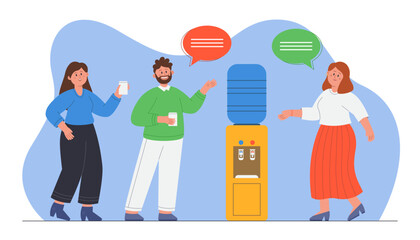 Fototapete - cartoon colleagues talking at water dispenser in workplace. young people meeting at water cooler in 