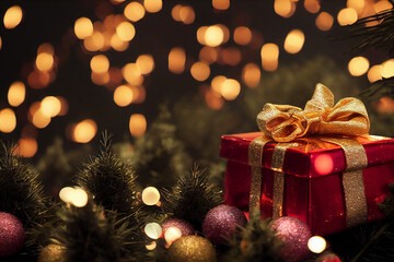 red christmas present box with golden glittery bow, in between christmas tree branches and christmas
