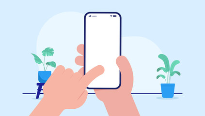 Aufkleber - Using phone touch screen - Hands interacting with smartphone with blank white screen. Vector mockup with blue background