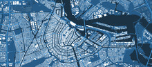 Detailed Blue Vector Map Poster Of Amsterdam City, Linear Print Map. Skyline Urban Panorama. Decorative Graphic Tourist Map Of Amsterdam Territory.
